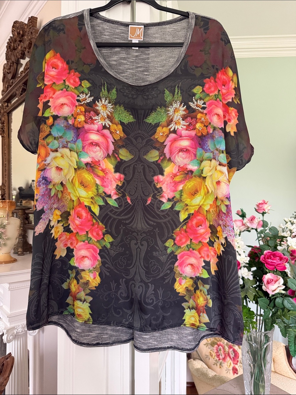 JM Collection Bo Ho Black Floral Short Sleeve Scoop Neck Top, size XL